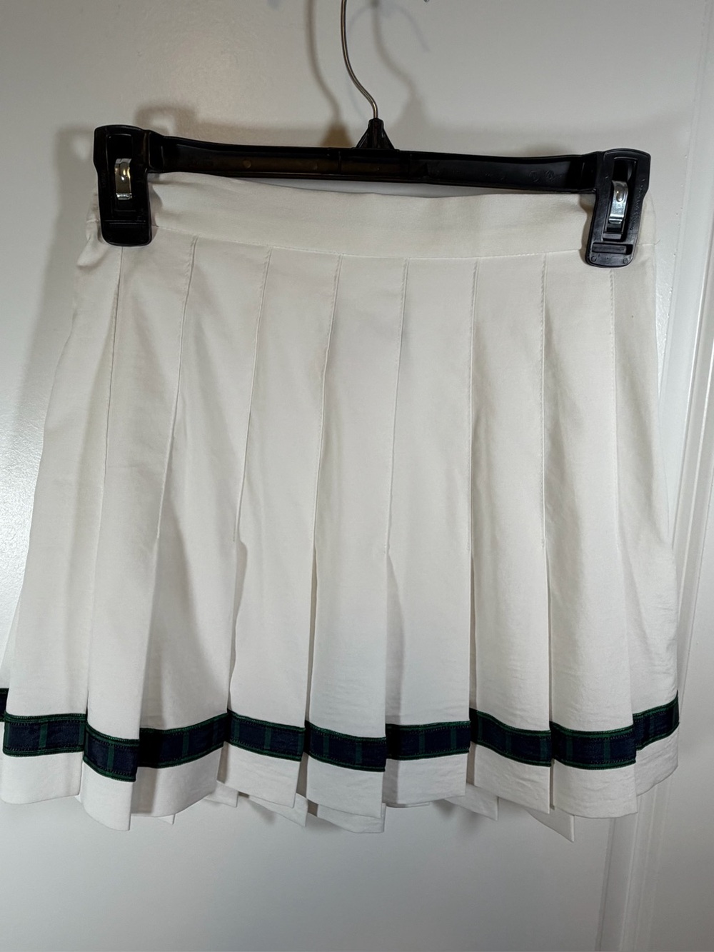 White Pleated Mini Skirt with Green-Navy Tartan Trim